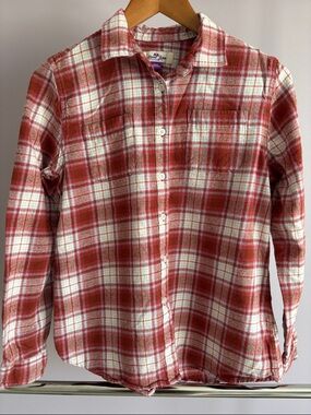 Red-tone and White Plaid Button-Down Flannel Shirt for Girls